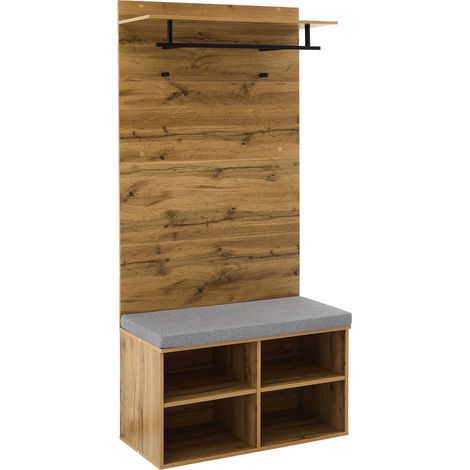 Ensemble de vestiaire de 175 cm aspect bois avec banc à chaussures, étagère réglable, barre de penderie et coussin – 84 x 32 cm – meuble d’entrée pratique (1/5)