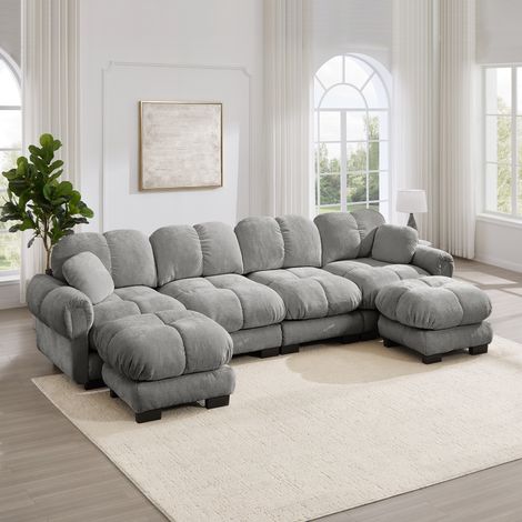 Canapé d'angle 4 places 330 cm canapé modulable en chenille avec 2 poufs mobile, design matelassé, coussins épais, dossier ergonomique, gris clair (1/5)