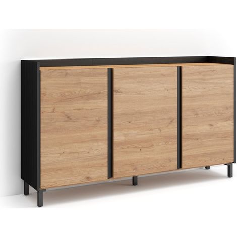 Skraut Home - Credenza, Mobile, Cucina, Madia, mobile ingresso, 156x35x91cm, 3 Porte, Design industriale, LED, Stile moderno, Rovere e nero (1/5)