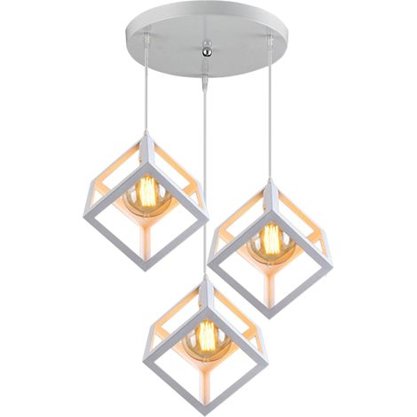 Pendelleuchte Würfel, 3 Flammig Kreative Kronleuchter im Industri Stil, Hängelampe mit Metall Käfig E27 Lampenfassung für Wohnzimmer Esszimmer (Weiß)