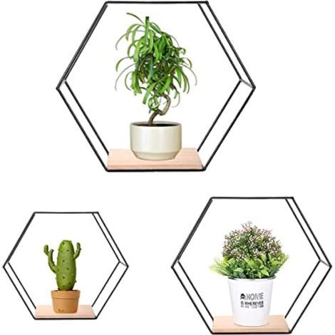Set of 3 Hexagon Wall Shelves, Black Floating Shelves, Metal and Wood Hanging Shelves for Bedroom Bathroom Living Room Kitchen, Laundry Room Storage and Wall Decor(Black) (1/4)
