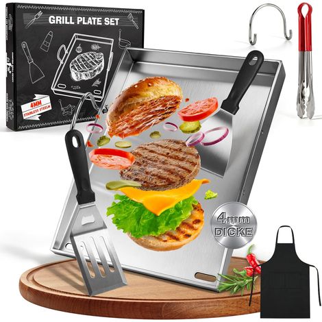 Plancha Plaque de cuisson 40 x 30 cm, Plancha en Acier Inoxydable épais avec 2 Spatules pour Barbecue, Poignée Amovible, Convient pour Barbecue à Gaz et Barbecue à Charbon (Quatre côtés) (1/5)