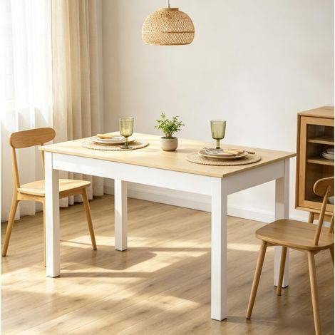 Mesa de comedor rectangular de 119 x 70 x 75 cm para 4 a 6 personas, tablero de partículas laminado en blanco y madera clara, con patas antideslizantes FLORAGRACE (1/5)