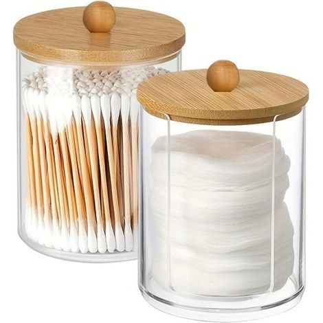 2 Pièces Boîte à Coton Tige, Distributeur et Rangement Acrylique Transparent pour Cosmétiques, Boules Coton, Tampons (1/5)