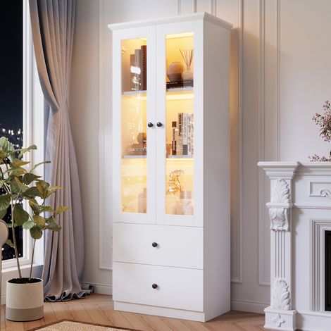 Vitrina de MDF y aglomerado blanco mate 60x35,5x165 cm con 2 puertas de cristal, 2 cajones, LED USB y 2 baldas regulables (1/5)