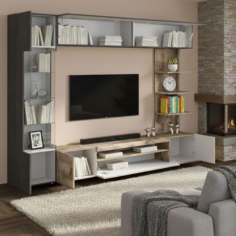 Wandregal Galatina, Wohnzimmerschrank 8 Fächer, Türen, Made in Italy, 12 Fächer, 245x40x191.2h cm, Ahornbraun (1/5)