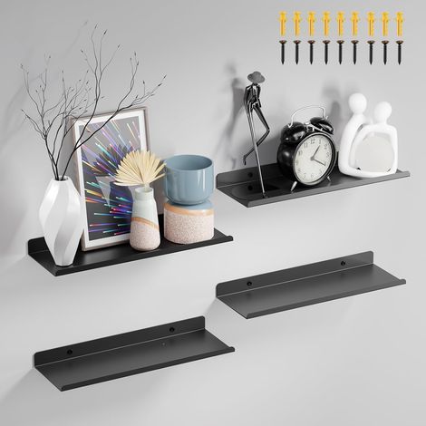 4 Pièces Étagère Murale, Longueur 30 Cm, Acier Carbone, Support 10 Kg, Noir, Salon Cuisine (1/5)