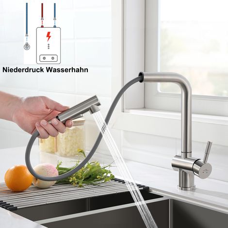 Niederdruck Küchenarmatur, ausziehbar Wasserhahn Küche, Einhebelmischer 360° Drehbar, Spültischarmatur Küche aus Edelstahl (1/5)