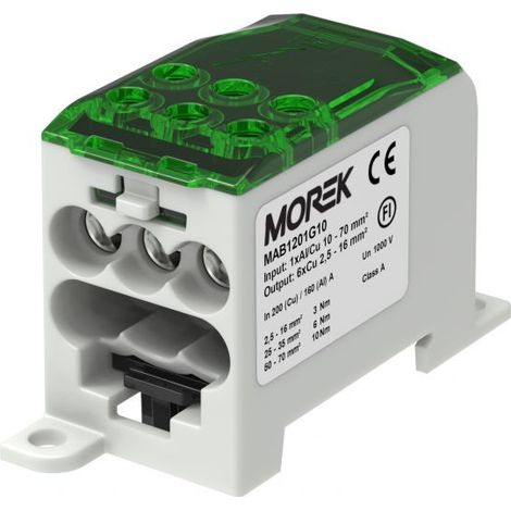 Bloc distribution alu cuivre 200A vert - 1 entrée 70mm² - 6 sorties 2,5 à 16mm² - MOREK