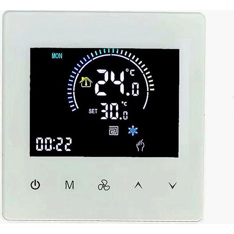 K2F Thermostat blanc pour climatisation et chauffage au sol - Régulateur de température deux-en-un pour pompe à chaleur air-eau - Thermostat pour ventilo-convecteur (1/3)