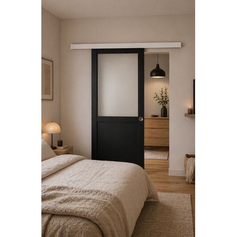 Porte Coulissante Athena Noir H204 X L93 Cm, Rail Alu Bandeau Blanc, Coquilles Gd Menuiseries