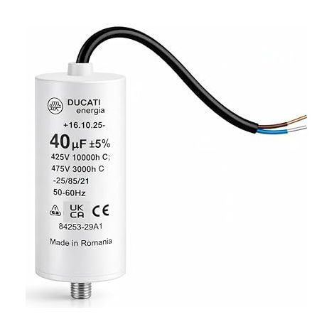 Condensateur moteur monophasé 425V / 450V / 475V – Condensateur permanent avec câble – Compatible pompe piscine, nettoyeur pression, porte garage et portail, compresseur (40μF / 40uF)