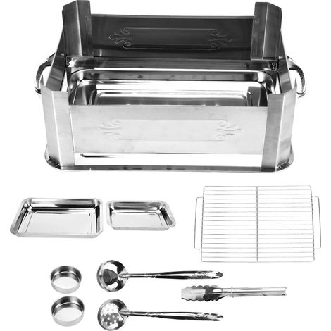 Grill Rectangulaire en Acier Inoxydable Épaissi pour Barbecue - Support à Poisson, Fourneau à Charbon/Alcool, Anti-Vent sans Poignée Amovible (1/5)