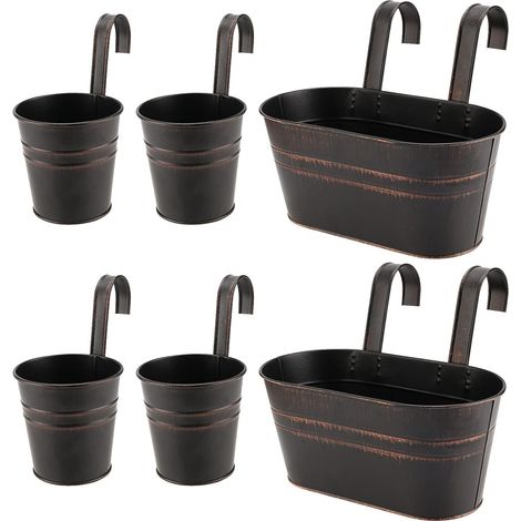 Lot de 6 pots de fleurs à suspendre, jardinières murales amovibles en métal avec trou de drainage, au-dessus de la clôture, du balcon pour garde-corps, intérieur et extérieur, noir (1/5)