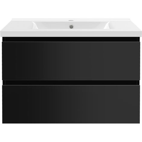 Aica Ensemble de meubles de salle de bain 80 cm avec vasque, 2 tiroirs à fermeture amortie - meuble suspendu , Brillance, Noir