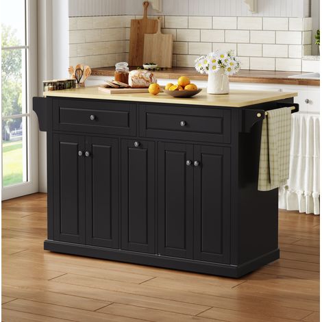 REDOM isla de cocina 121x49(69)x89 cm, encimera abatible, 2 cajones grandes y ruedas con freno, MDF natural y negro (1/5)