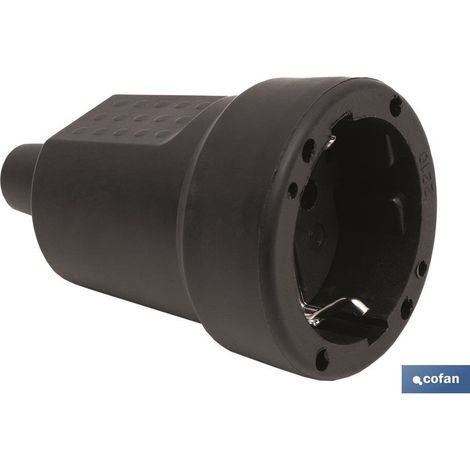 COFAN base enchufe aerea goma negra (16a-250v) , Base de enchufe aérea tipo Plug de 16 A Clase II,  sin toma de tierra. 250 V. Recubierto de goma protectora. Color Negro. Potencia (1/3)