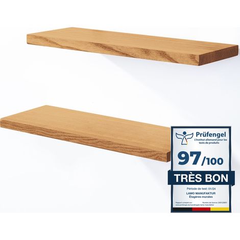 LAMO Manufaktur 2 étagères murale en bois avec fixation invisible 2x 42cm Etagère murale en 100% bois massif Etagère murale pour salon SET 4 étagères bord droit Couleur: Noir