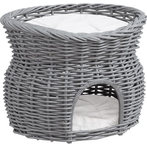 2-Tier Wicker Cat House Elevated Pet Bed Basket Willow Kitten Tower Pet Den. with Washable Cushions 56x37x40cm Grey