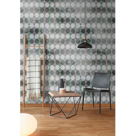 Papier peint panoramique graphique gris & vert Tapisserie panoramique originale à motif moderne Papier peint panoramique idéal angle de mur (1/3)