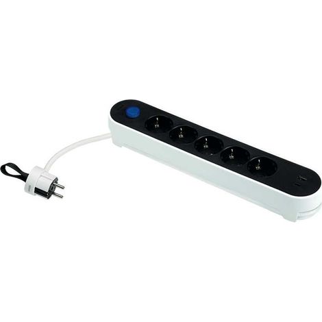 Base múltiple, 5 tomas, schuko 2p+t, 2 usb a/c, 16 a 250 v, 1,4m cable, c/interruptor pie, bicolor, blister (1/3)