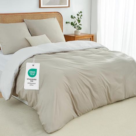 Housse de Couette 240x220 cm Réversible Doux Agréable sur Peau, Fermeture Éclair, Léger Respirant Parure de lit Beige + Taies d'oreiller 65x65 (1/5)