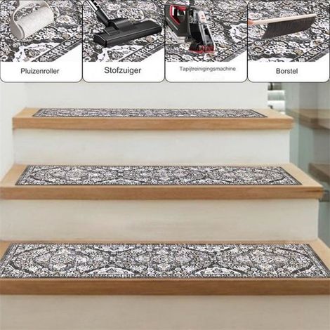Tapis d'escalier antidérapants et amovibles 20 x 76 cm (lot de 4) - Protection optimale pour les marches d'escalier - Convient aux enfants, aux personnes âgées et aux animaux domestiques - Noir et gri (1/4)