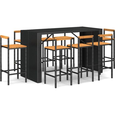 Ensemble de bar jardin 9 pcs noir poly rotin-bois massif acacia (1/5)