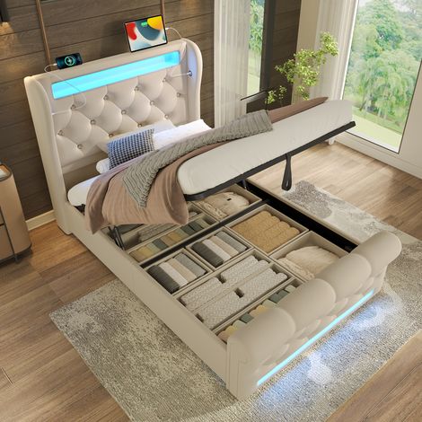 Letto con contenitore in velluto beige 90x200 cm con LED, USB e Type-C, rete inclusa