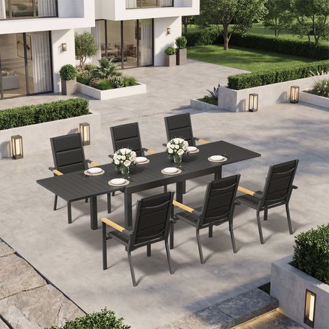 Ensemble Table Chaise Jardin 6 personnes,Table Jardin Chaise en Aluminium,6 Chaises Jardin Accoudoirs Imitation Bois et 1 Table Jardin Extensible (130/260 cm),Imperméable, Antirouille,Tout Temps,Gris