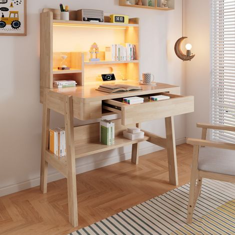 Bureau enfant réglable en hauteur en bois massif, couleur naturelle – Table enfant Avec barre LED, prise USB, tiroir et rangement – Pour enfants à partir de 6 ans