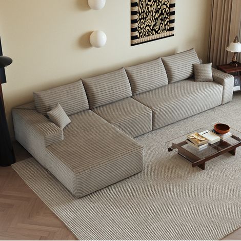 Divano angolare modulare 340 cm con chaise longue a L, senza montaggio, tessuto a coste camel HAVRYA (1/5)