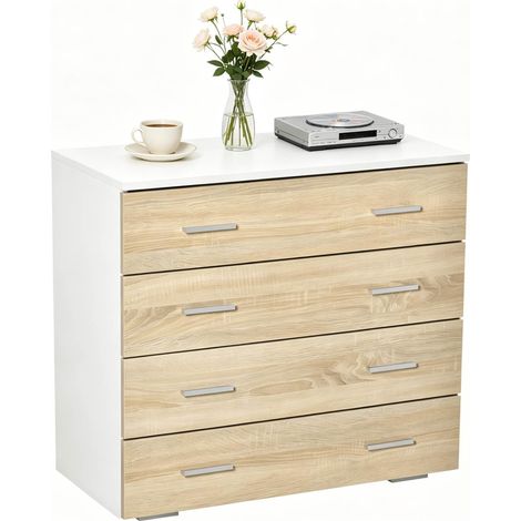 Commode 4 tiroirs blanche et bois clair, meuble de rangement contemporain en panneaux de particules et métal, pour chambre, salon, entrée, bureau  CHICFURN (1/5)