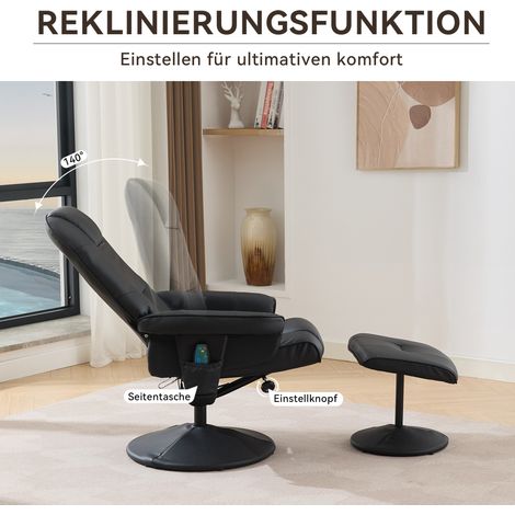 Fauteuil de massage relax noir avec fonction inclinable, chauffage et tabouret, tissu PU, rotation 360°, siège de détente TV avec vibromassage (1/5)