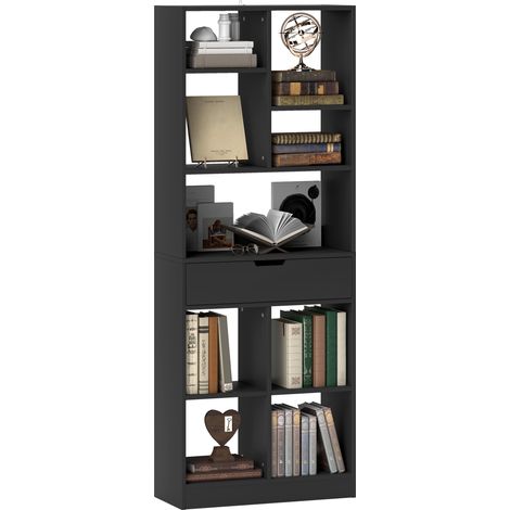 Hohes Bücherregal mit Schublade, freistehendes Bücherregal für Schlafzimmer, Wohnzimmer, Homeoffice, Schwarz