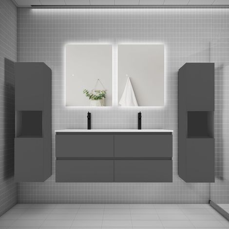 Ensemble meuble anthracite et vasque L.120cm 4 tiroirs + colonne2 haut + lavabo + miroir 80x60cm2-suspendu