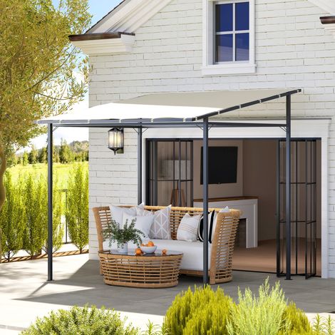 Pérgola de Pared 2,4x2,4 m con Techo Inclinado Protección UV 30+ Impermeable Marco de Metal para Patio Terraza Crema (1/5)