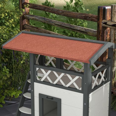Cabane extérieure pour chat en bois blanc et gris, 77x50x73cm, avec balcon et échelle, abri pour félin avec terrasse