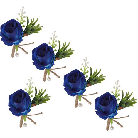 Lot de 5 boutonnières de mariage avec épingles à nourrice, fleurs artificielles en plastique, bleues, pour les mariés.