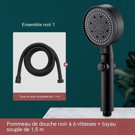 Ensemble de douche à effet pluie, ensemble de douchette haute pression 6 jets (flexible de 1,5 m), noir, pour salle de bain
