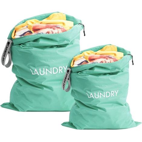 Sac à linge de voyage imperméable - Lot de 2 - Pliable - Dimensions pratiques : 60 x 45 cm / 55 x 35 cm - Matière résistante aux déchirures - Sac à linge bleu-vert (1/5)