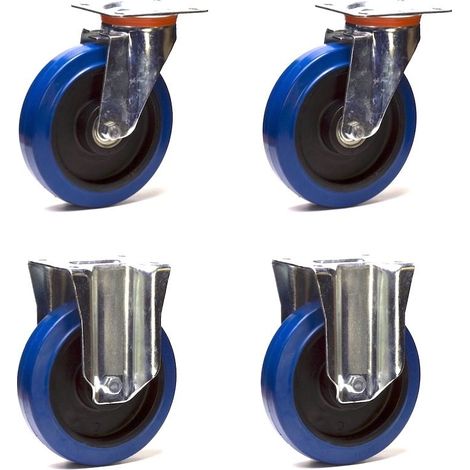 Lot de 4 roulettes pivotantes et fixes caoutchouc EASYROLL® BLEU 160 mm charge - 900 Kg (1/3)