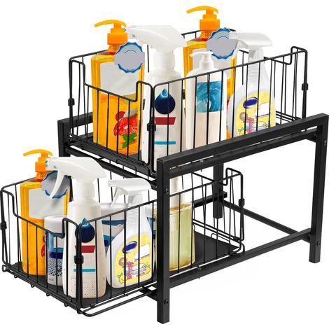 Under Sink Storage 2-Tier Pull-Out Sliding Basket Cupboard Storage Organiser Detachable Metal Organizer for Kitchen Storages & Bathroom Cupboard (Black) (1/5)