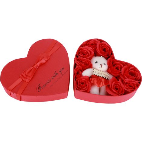 Rose artificielle avec oursons, coffret cadeau, fleurs en savon pour anniversaire, Saint-Valentin, rouge (1/5)