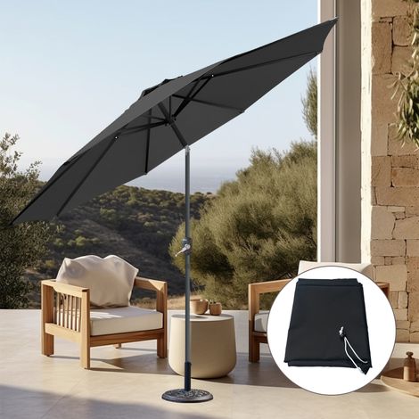 Black Round Garden 3M Parasol Patio Crank Tilt Umbrella  w/ Base Cover (1/5)