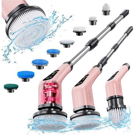 Brosse nettoyante électrique sans fil, 8 têtes interchangeables, 360°, 2 vitesses, manche ajustable pour salle de bain, cuisine, carrelage et voiture (1/5)