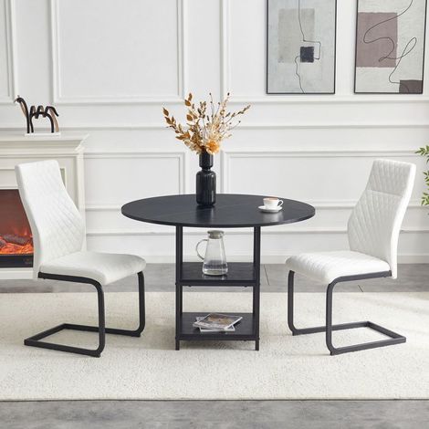 Table et Chaises de Salle à Manger 107 cm ronde 2 chaises blanches motif losange double niveau de rangement MDF et métal (1/5)
