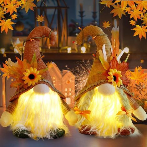 GNOME Automne LED 2 Pièces, Décoration Peluche Thanksgiving Halloween, Thème Moissons Fête (1/5)