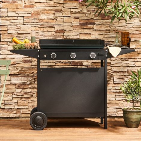 Forge Adour – Chariot à plancha fermé 75cm – Acier noir – 2 tablettes rabattables 10kg – Rangement bouteille de gaz – 2 roues pour mobilité (1/2)