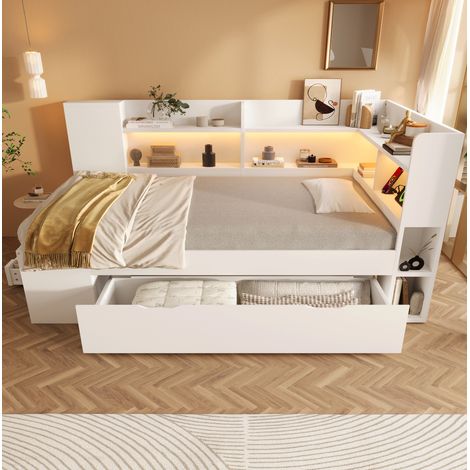 Tagesbett 90x200 cm Weiß aus Holz mit LED, USB-/Typ-C-Ladestation, Stauraum und Schubladen (1/5)